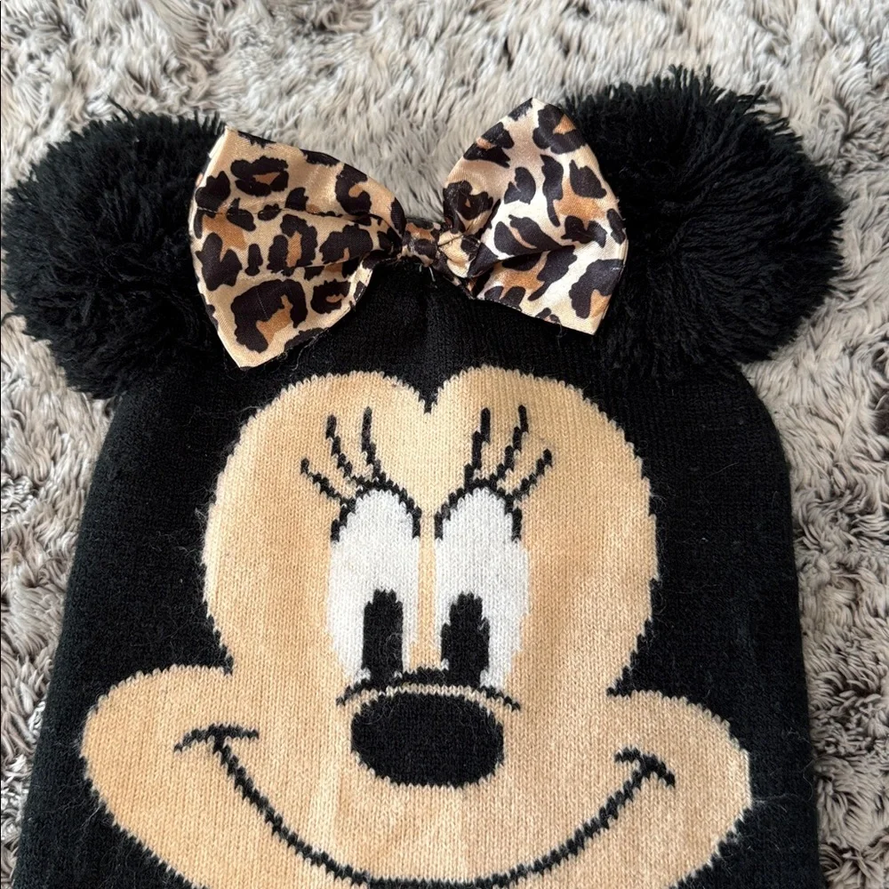 Disney Minnie Mouse Girls Kids Beanie Hat Pom Pom Ears With Leppard Bow Cute